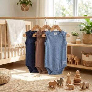 3-Pack Summer Baby Rompers – Navy Melange, Chocolate Brown & Grey Melange (Cotton Rib with Lycra)