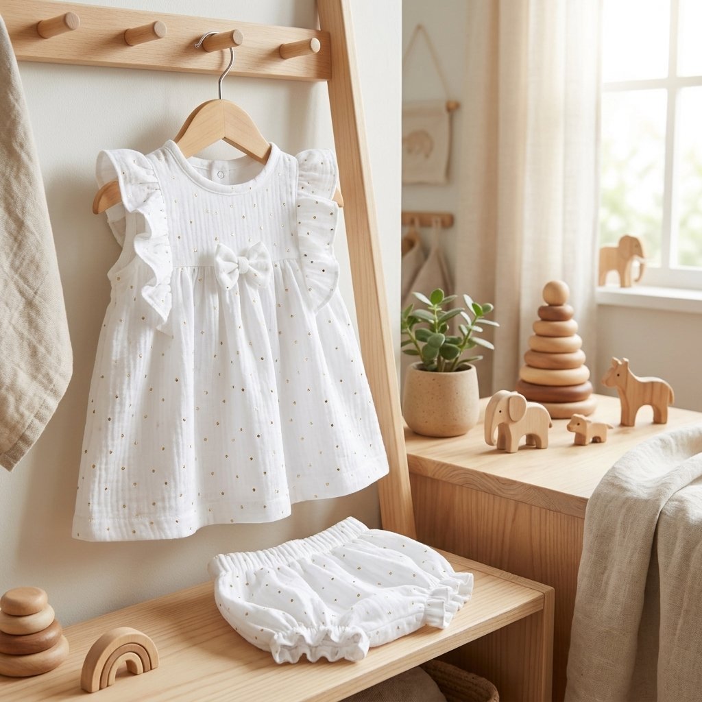 Muslin Dress & Pantaloons Set With Bow Detail