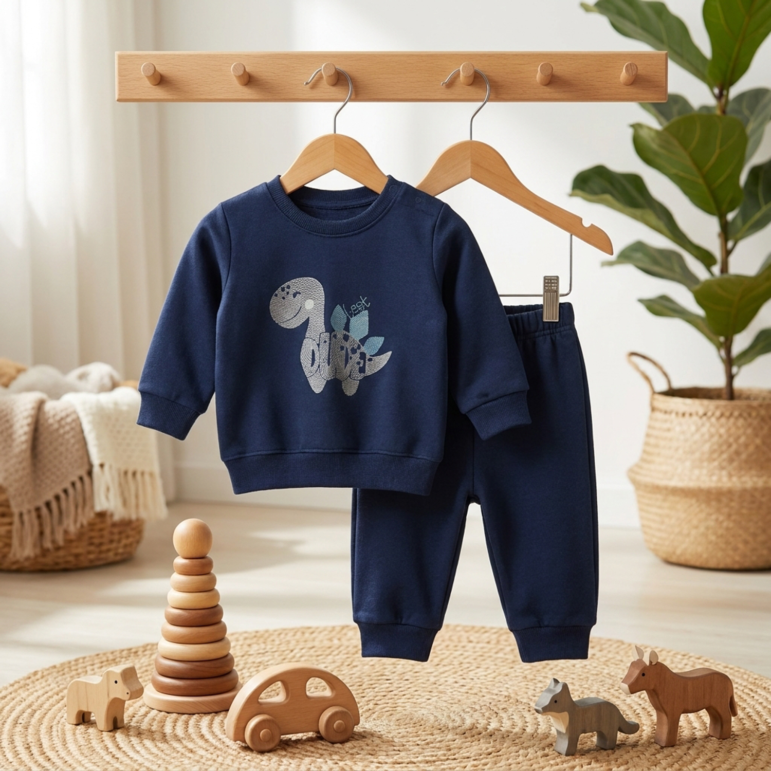 warm brush fleece tracksuit with dinosaur