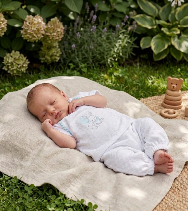baby dressed in Ugly Bugs cotton matine set