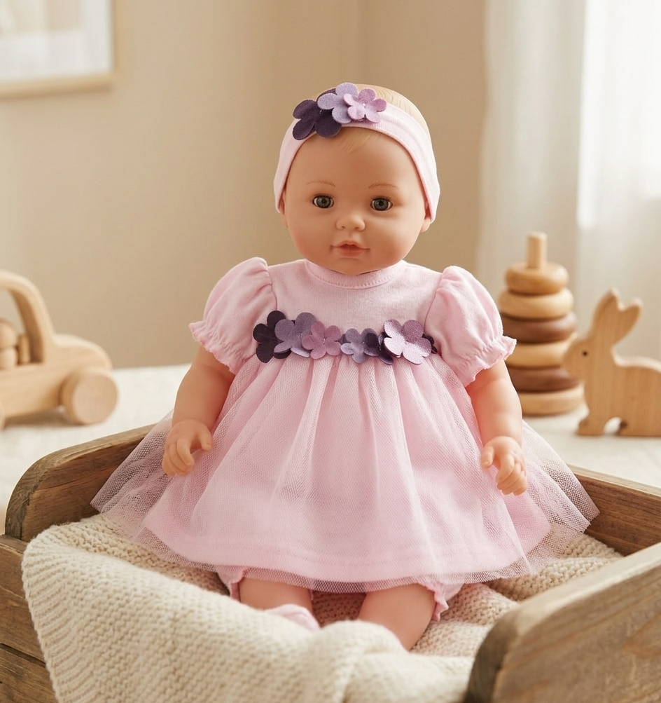 3-Piece Floral Tulle Dress Set for 43cm Dolls – Pink Knit Dress, Ruffle Bloomers, and Headband Clothes Outfit - Image 2