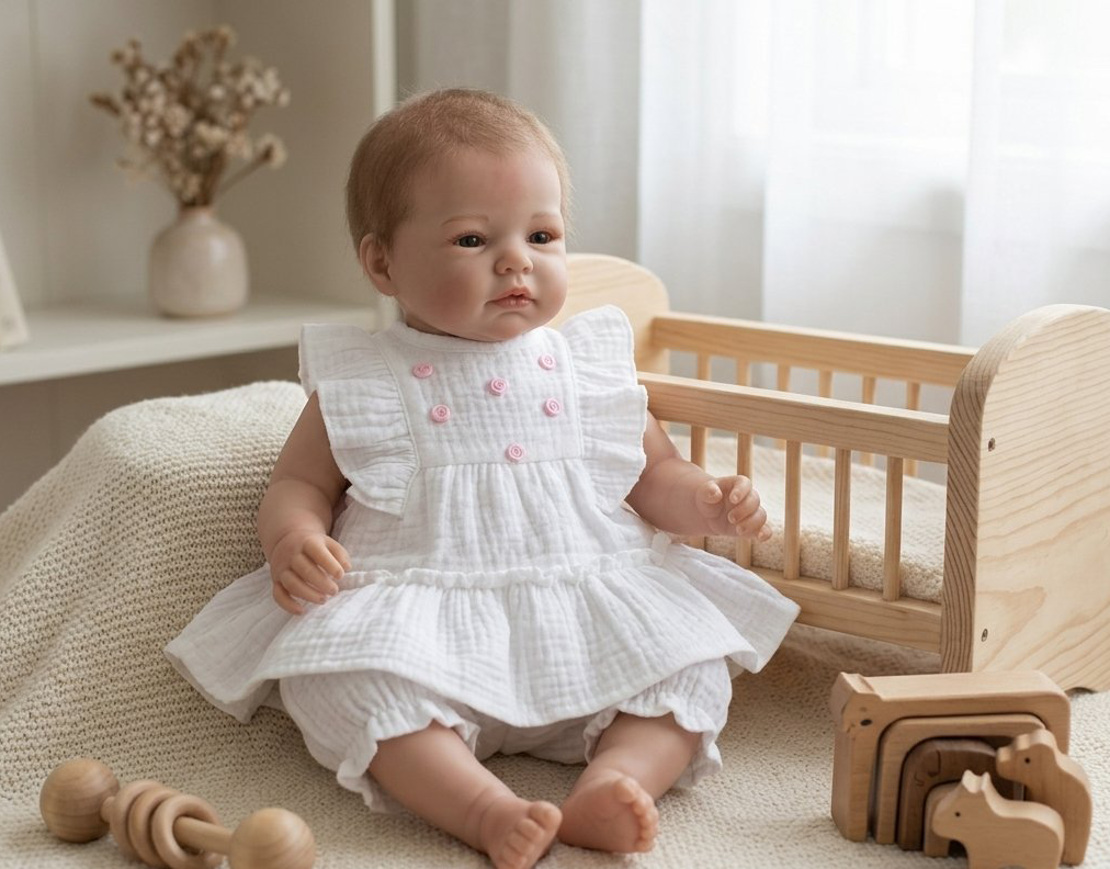 Muslin Dress & Pantaloons Set for 43cm Dolls – 2-Piece White Muslin Tiered Dress and Ruffle Bloomers Doll Clothes Outfit - Image 2