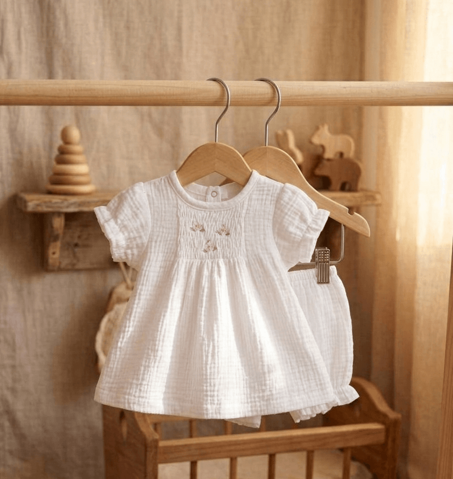 43cm Muslin Doll Dress Set | Fits Newborn Dolls | White Cotton Bloomers Outfit
