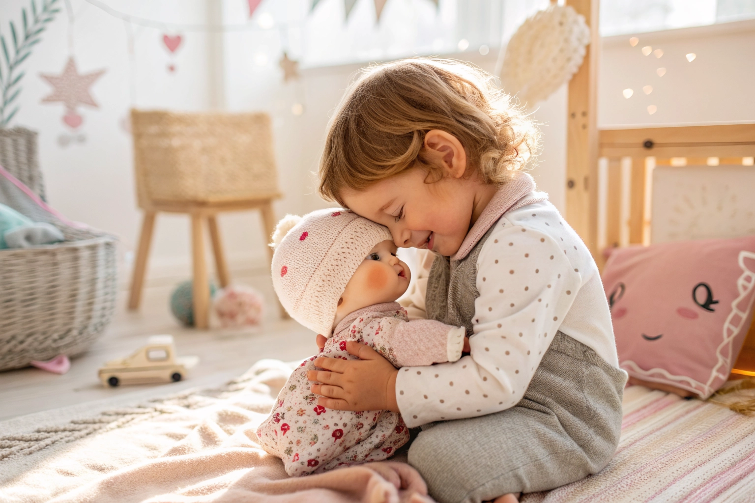 A young child gently hugging and playing with a doll in a soft, sunlit room.
