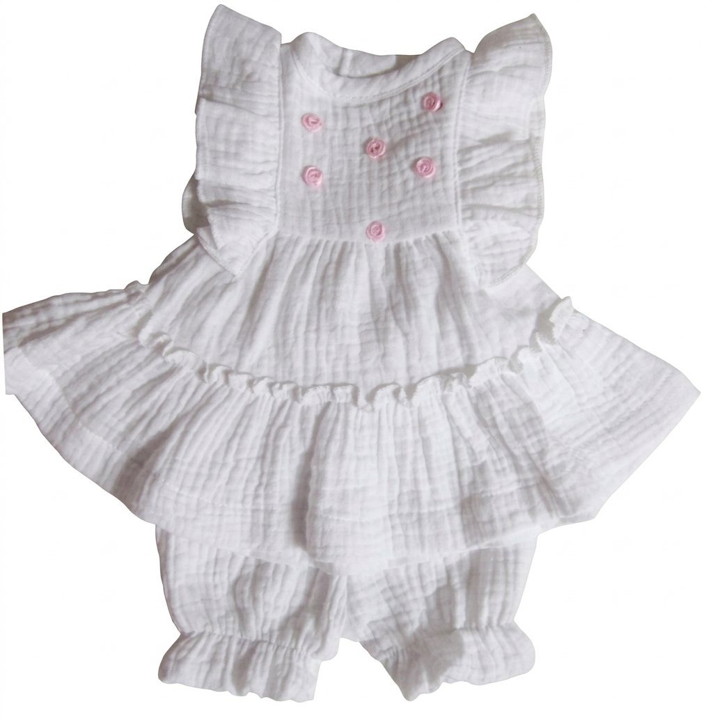 Muslin Dress & Pantaloons Set for 43cm Dolls – 2-Piece White Muslin Tiered Dress and Ruffle Bloomers Doll Clothes Outfit - Image 5