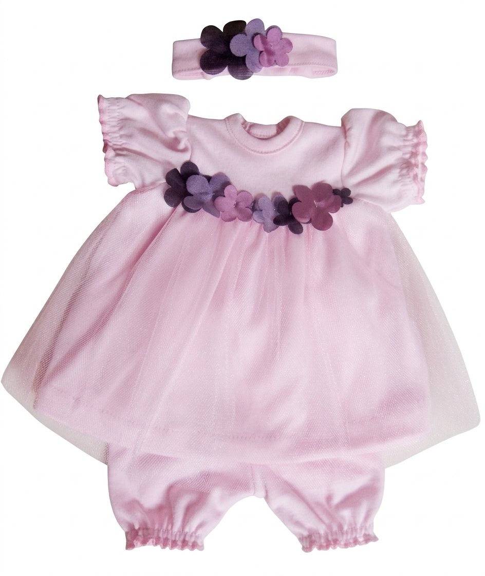 3-Piece Floral Tulle Dress Set for 43cm Dolls – Pink Knit Dress, Ruffle Bloomers, and Headband Clothes Outfit - Image 3