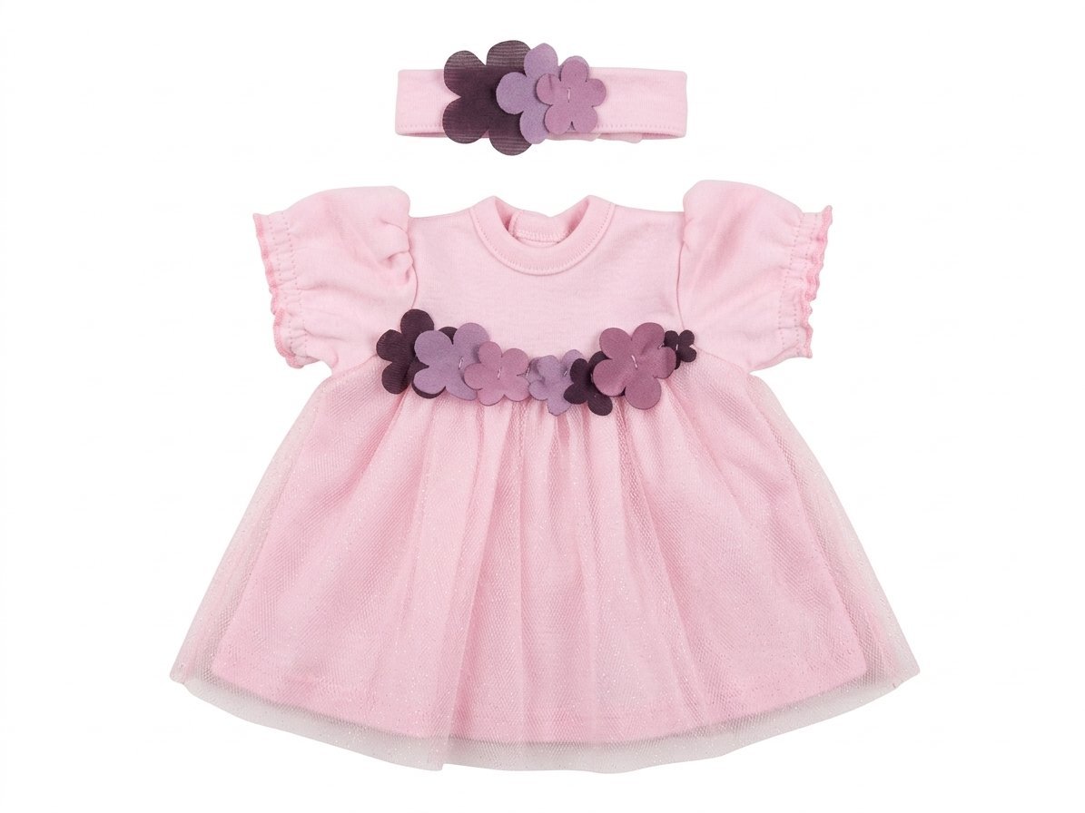 3-Piece Floral Tulle Dress Set for 43cm Dolls – Pink Knit Dress, Ruffle Bloomers, and Headband Clothes Outfit - Image 4