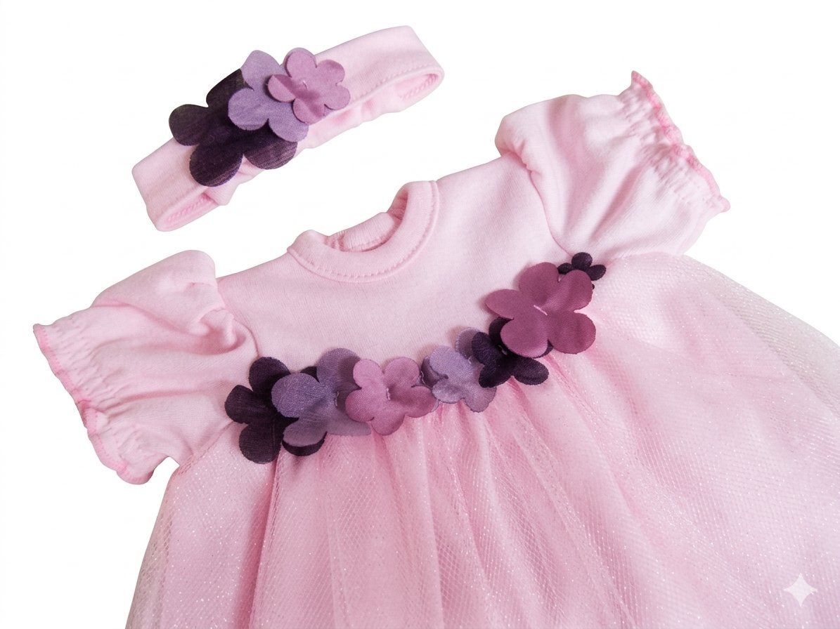 3-Piece Floral Tulle Dress Set for 43cm Dolls – Pink Knit Dress, Ruffle Bloomers, and Headband Clothes Outfit - Image 5