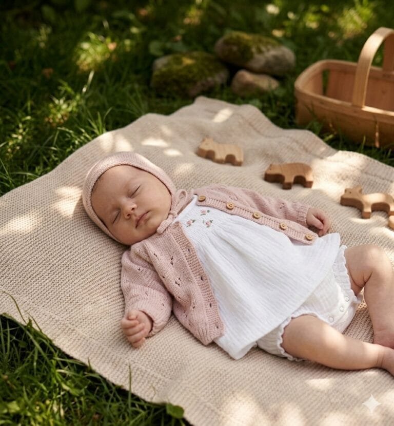 Newborn baby wearing layered cotton clothing for a South African spring day
