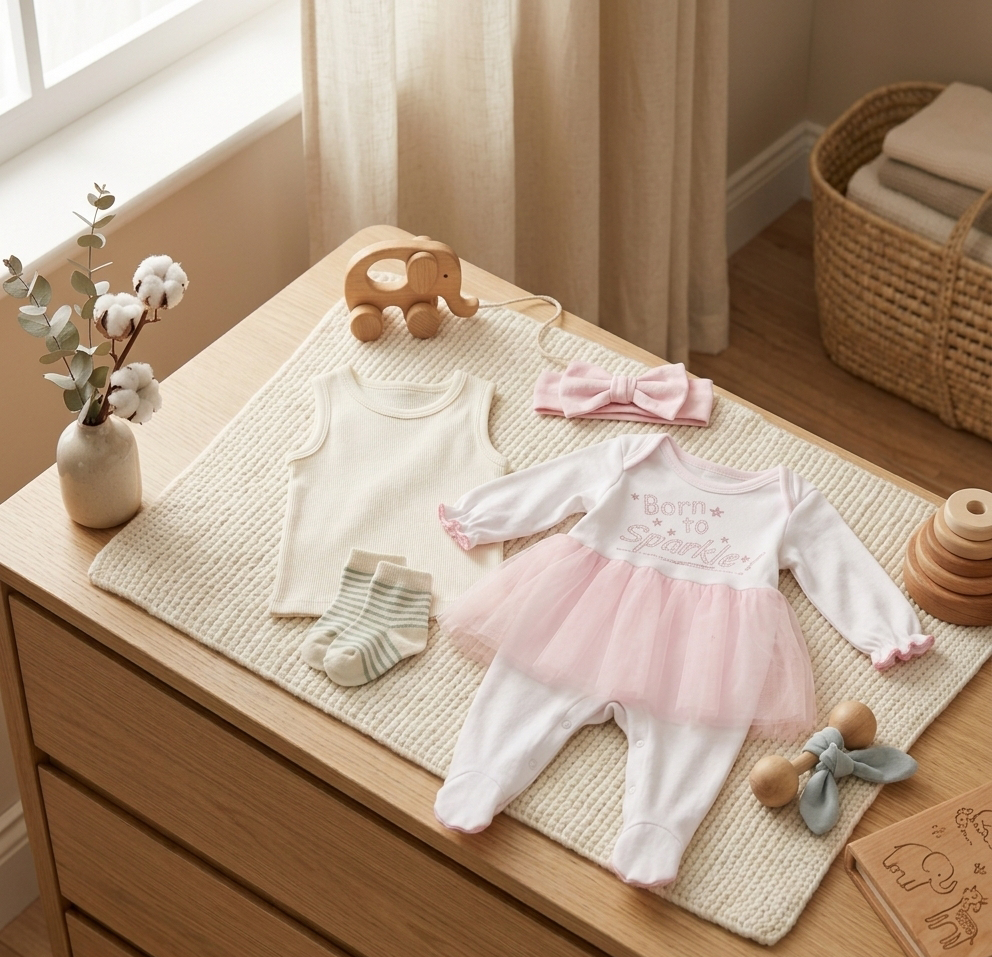 Newborn spring clothing essentials including a vest and cotton babygrow