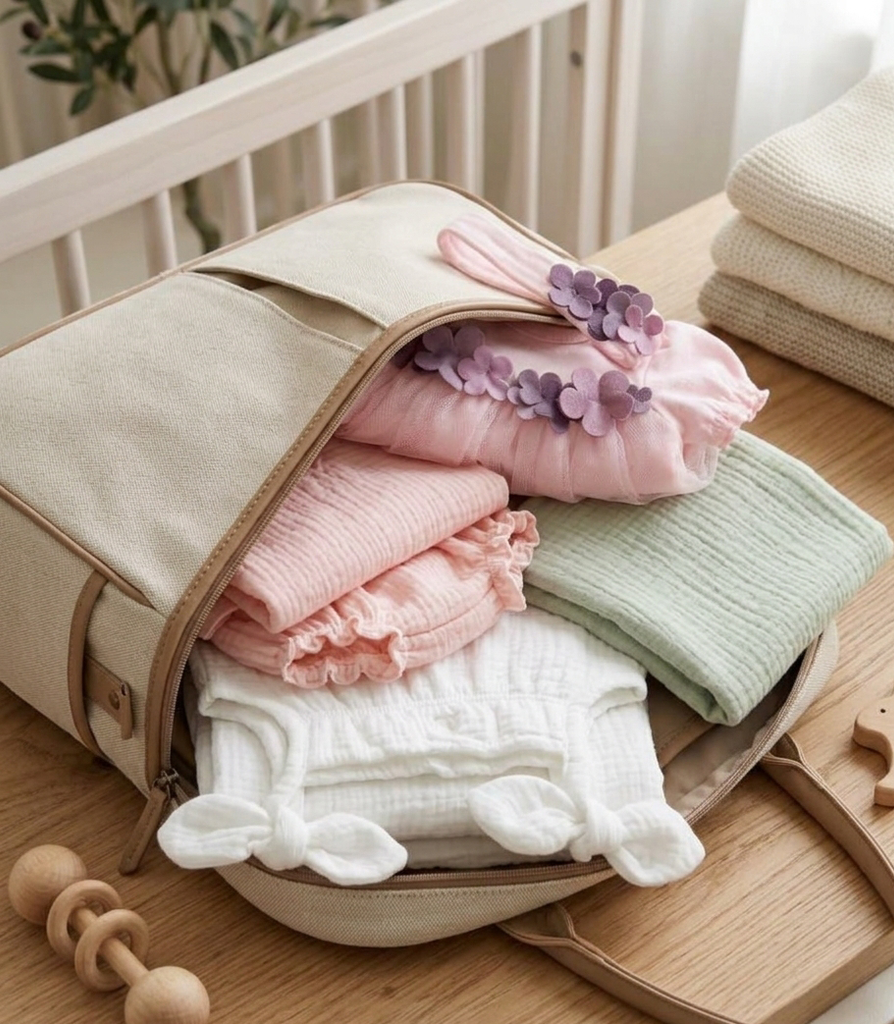 Newborn changing bag packed with spare spring clothing