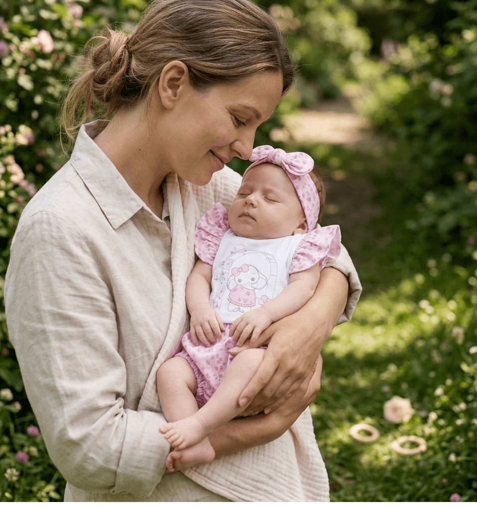 Parent holding a comfortably dressed newborn during spring