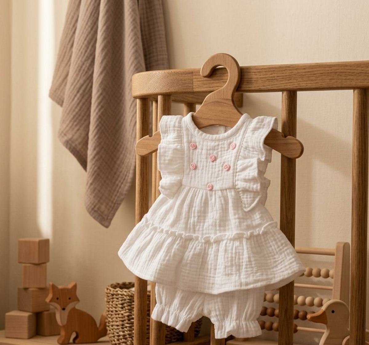 Muslin Dress & Pantaloons Set for 43cm Dolls – 2-Piece White Muslin Tiered Dress and Ruffle Bloomers Doll Clothes Outfit - Image 3